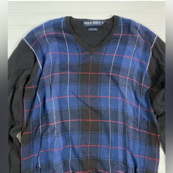 Polo Golf Ralph Lauren V Neck Sweater Size Large 100% Cotton Black Blue Preppy - Picture 10 of 14